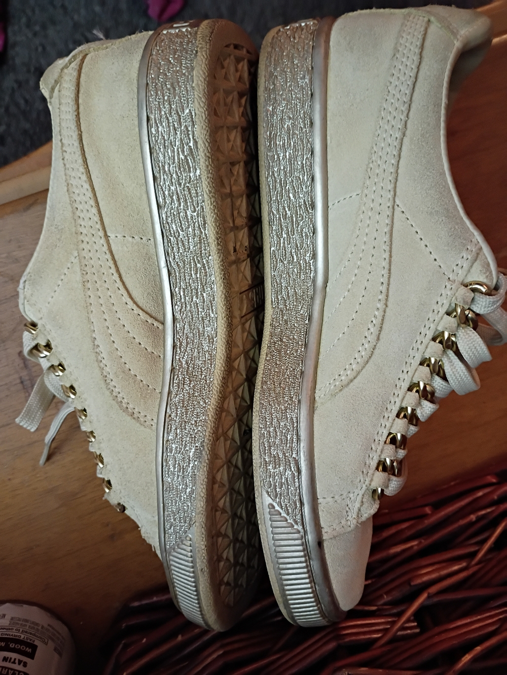 Puma Beige Suede Platform Sneakers with Gold Accents